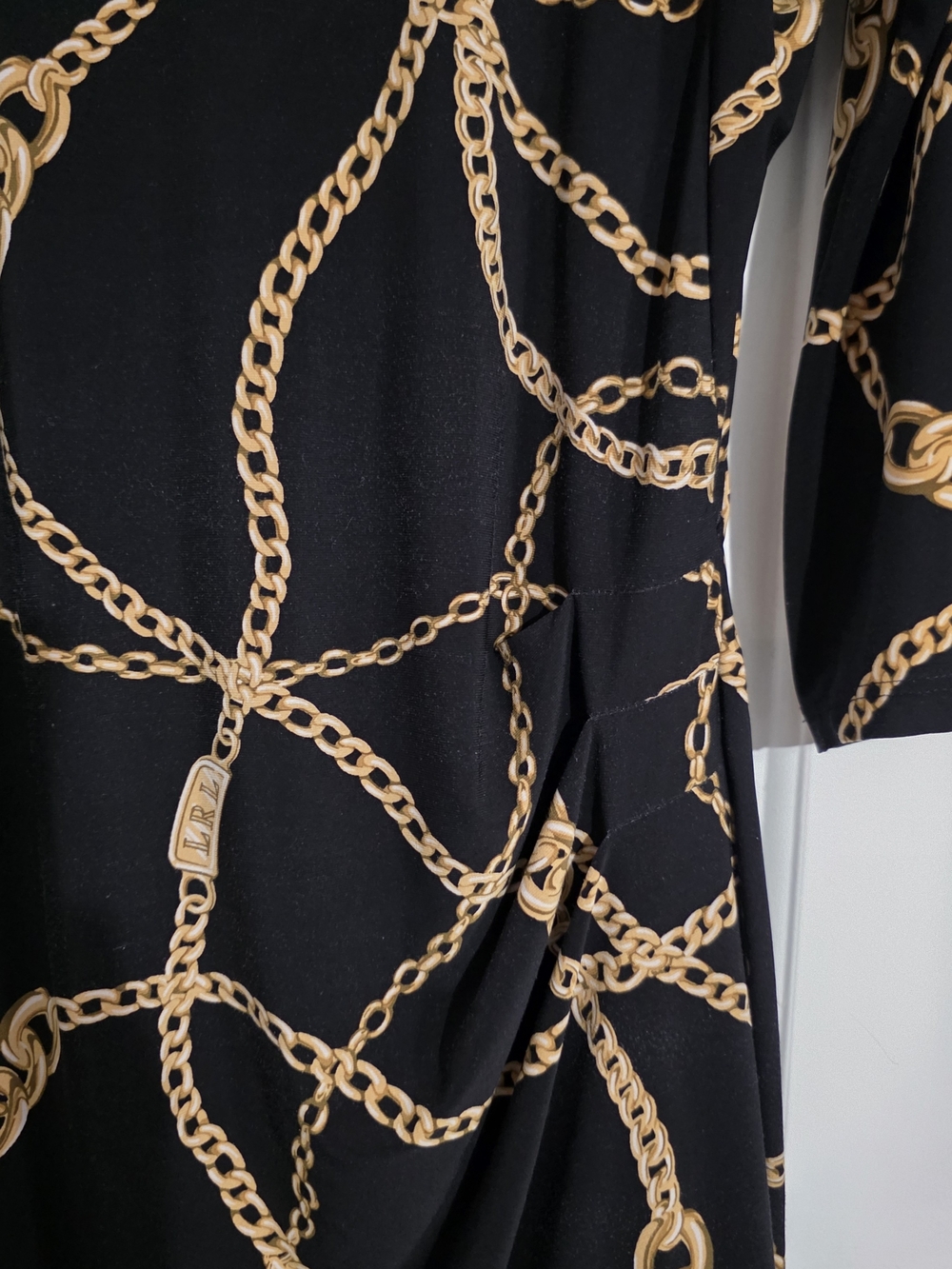 Lauren Ralph Lauren Chain Print Ruched Dress Black Gold 12P Equestrian Stretch - Picture 6 of 14